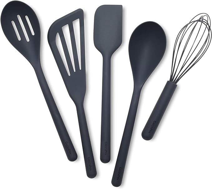 GreenPan Silicone 5 Piece Cooking Utensil Set, Slotted & Solid Spoon, Turner, Spatula, Whisk, Flexible Nonstick Kitchen Tools, Steel Core, Heat-Resistant Anti-Slip Handle BPA-Free Dishwasher Safe Gray by GreenPan
