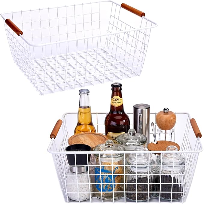 LeleCAT Large white wire baskets with Wooden Handles for storage pantry, Storage Organizer Baskets, Household Refrigerator for Cabinets, Closets, Bedrooms, kitchen - Set of 2（White） by HomeSpaceStorageBasket