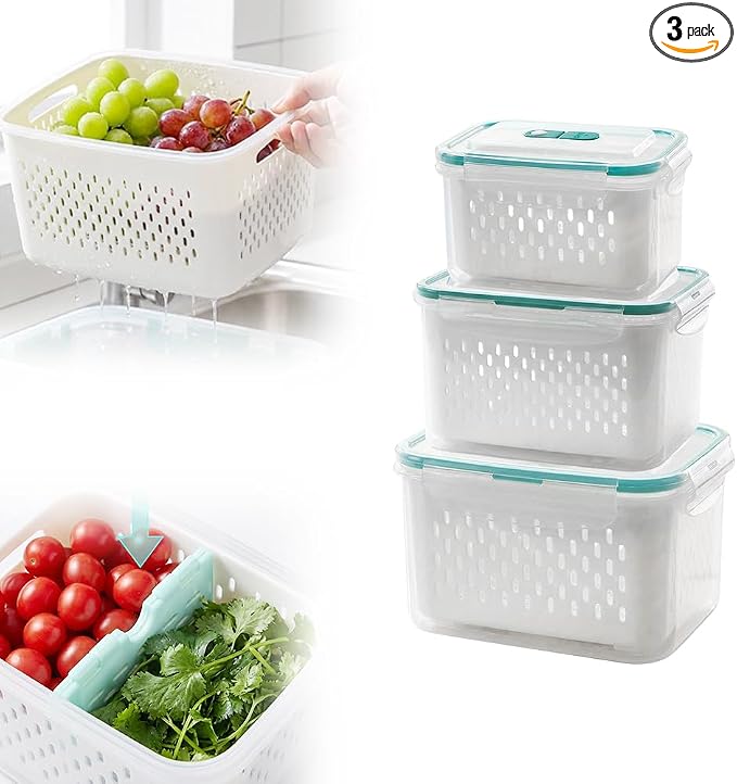 Fruit Storage Containers with Removable Colander (Green 6PCS, S+M+L) | Leakproof Produce Containers for Fridge, Produce Storage Containers, Fridge Organizers and Storage for Fruit, Vegetables by Unknown