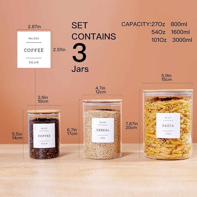 3 Pcs Glass Canisters with Airtight Bamboo Lids and 42 Kitchen Pantry Labels Preprinted - Clear Glass Flour and Sugar Storage Container Set - Large Glass Jars with Wood Lids(100 OZ/54 OZ/27 OZ) - Image 3