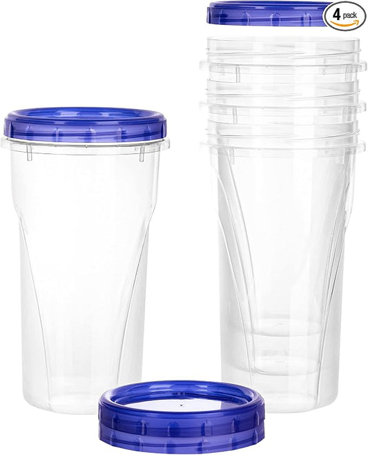 PLASTICPRO [48 oz 4 Pack] Twist Top Deli Containers Clear bottom With blue Top Twist on Lids Reusable, Stackable, Food Storage Freezer Container Pack of 4 by PLASTICPRO
