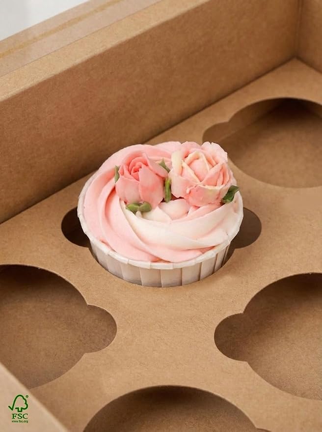 qiqee Auto-pop Up Cupcake Boxes with Window Brown 40PCS 12 Count Cupcake Box 13"x10"x3.5" Cupcakes Carrier, 12 Cupcake Containers with 2 rolls of pink ribbons - Image 3