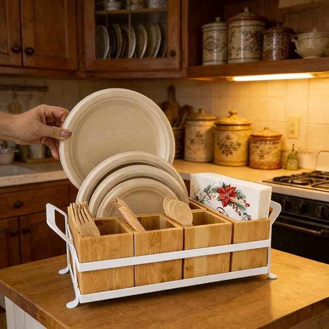 Bamboo Utensil Caddy with Handle - 5 Compartment Silverware Holder for Party & Kitchen Countertop - Removable Wooden Flatware Organizer for Picnic, BBQ, Buffet, RV & Outdoor Dining - Image 5