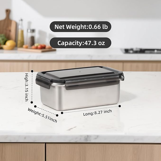 18/10 Stainless Steel Freezer Storage Containers With Lids, 47oz Food Container Leak Proof Metal Meal Prep Containers (1400ml) - Image 2