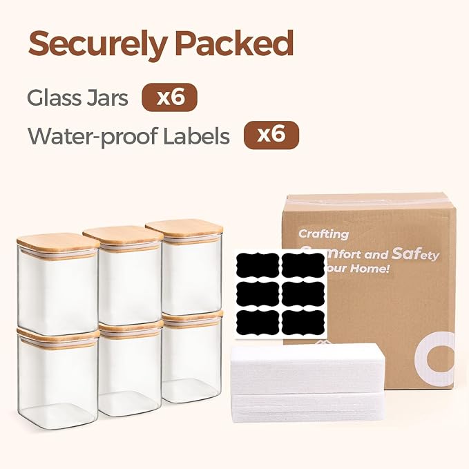 ComSaf Glass Jars with Bamboo Lids 0.8 Qt, Set Of 6 Pantry Galss Jars | Glass Storage Containers with Lid, Pantry Organizer and Storage, Lid with Silicone Seal, Pasta, Spice, Coffee, 27oz, BPA Free - Image 8