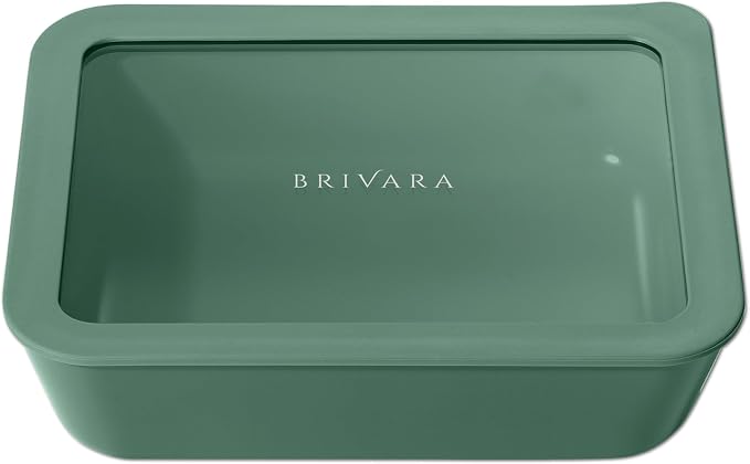 Glass Food Storage Container with Lid, 6-Cup Medium Rectangle | Microwave-Safe Airtight Lid, Oven-Safe Ceramic-Coated Glass | Zero Plastic, No PFAS/PFOA/BPA, Reusable [Pine] by BrivaraHome