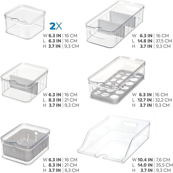 iDesign Crisp 7-Piece Recycled Plastic Refrigerator Organizer Bin Set | With Lids, Clear/Gray - Image 3