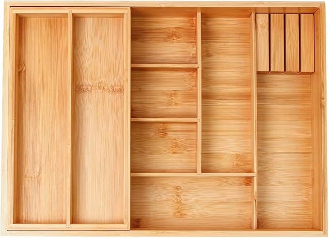 COIWAI Double Layer Bamboo Drawer Organizer Cutlery Utensil Silverware Drawer Organizer, cutlery Silverware Tray for Drawer, Utensil Holder Drawer Dividers for Flatware (L: 16.85 × 12.2 in) - Image 8