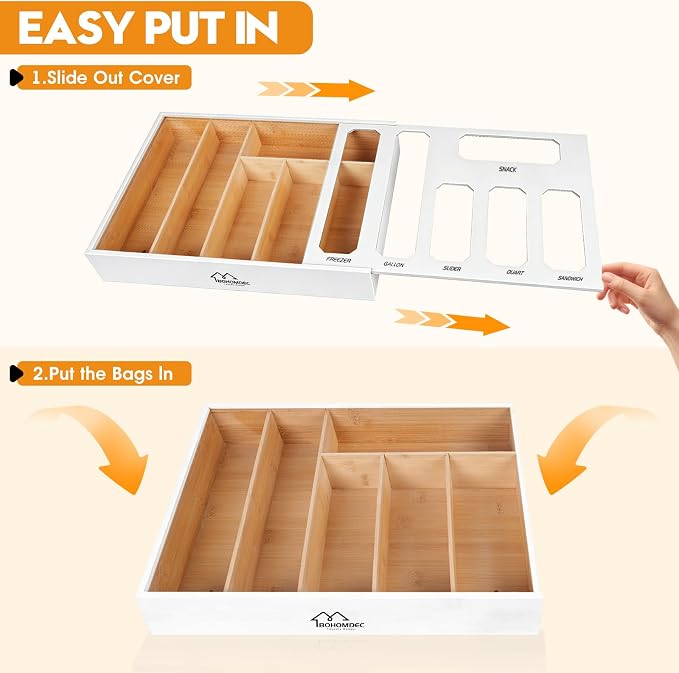 6 in 1 Bamboo Ziploc Bag Storage Organizer, White Baggie Organizer for Drawer with Sliding Lid - Fits Gallon, Quart, Sandwich, Snack & Freezer Bags, Wall Mountable Kitchen Drawer Organization - Image 4