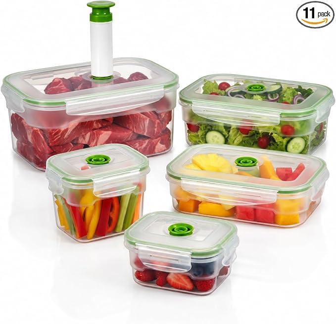 BPA-Free Plastic Vacuum Seal Containers with Hand Pump – Airtight Food Storage, Meal Prep & Pantry Organization, Preserves Freshness 5X Longer, 11-Piece Set by LastingFreshness