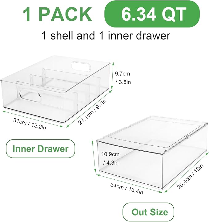 Extra Large Refrigerator Organizer Bins with Pull-out Drawer, Stackable Clear Bins with 3 Dividers, Pantry Organization and Food Storage - Image 3