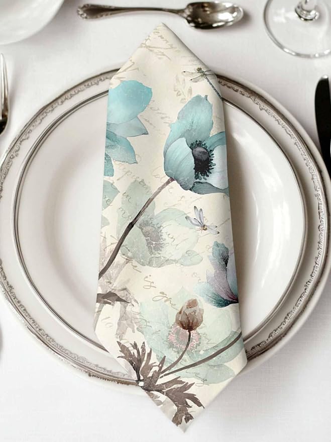 Teal Tulip Cloth Napkins Set of 8, Rustic Farmhouse Floral Cocktail Cloth Napkins 20 x 20 Inch, Elegant Flower Vintage Brown Washable Reusable Dinner Table Napkins for Wedding Holiday Party - Image 3