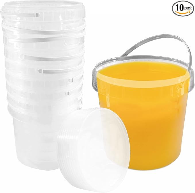 1 Gallon (128 oz) Clear Plastic Bucket with Lid and Handle (10 Pack), Ice Cream Tub with Lids - Food Grade Freezer and Microwave Safe Food Storage Containers, Round Plastic Pail Container, BPA Free by EcoQuality