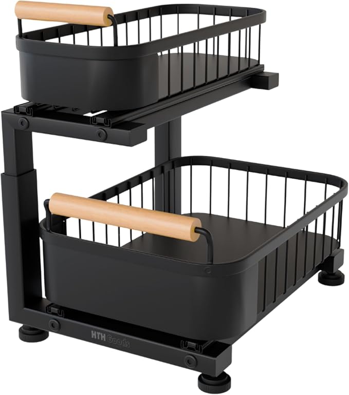 Premium Large Under Sink Organizer, 2-Tier Pull Out, Adjustable | Heavy-duty carbon steel, 7 adjustable heights and smooth ball-bearing sliding baskets for kitchen and bathroom cabinets by HTHGoods