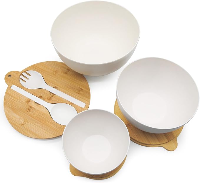 ECOWAY Salad Bowls Set of 3 with Seal Lid & Serving Utensils, Bamboo Fiber Mixing Bowls Set Large Serving Bowls & Storage Set with Bamboo Lid for Salad, Kitchen Eating, Pasta, Popcorn, Fruit, White - Image 2
