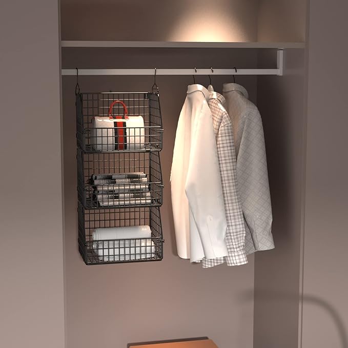 PUPPYCUTE Stackable Wire Storage Baskets for Kitchen Closet Pantry, Hanging Closet Organizers Storage Shelves Organization, Wall Mount Metal Basket Bins, Clothing Vegetable & Fruit Organizer 5 pcs - Image 2