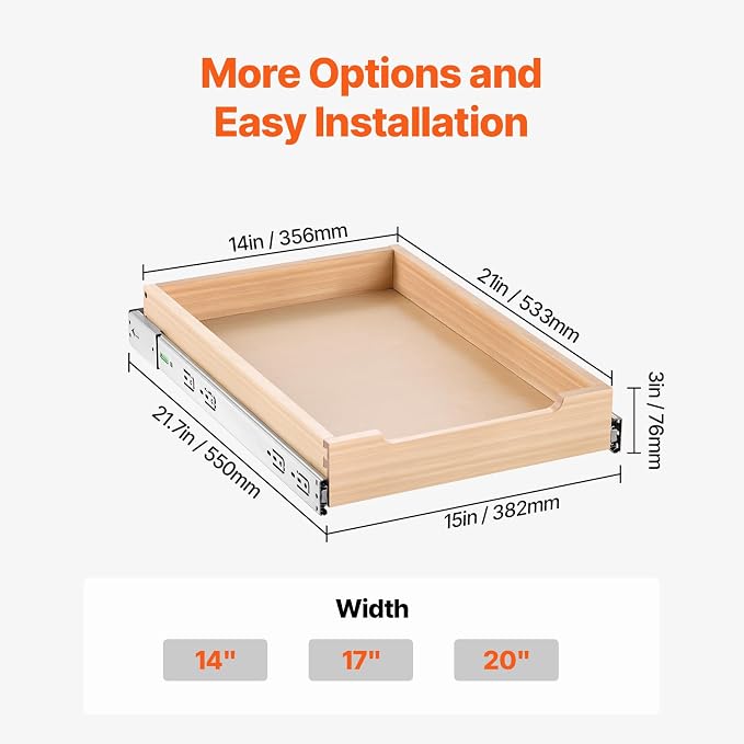 VEVOR Pull Out Cabinet Organizer, 14"W x 21"D Cabinet Drawer, Soft Close Slide out Shelf, Heavy-Duty Sliding Wood Drawer, Bottom Mount Size（14.5"W x 23"D）and Side Mount Size（15"W x 23"D） - Image 7