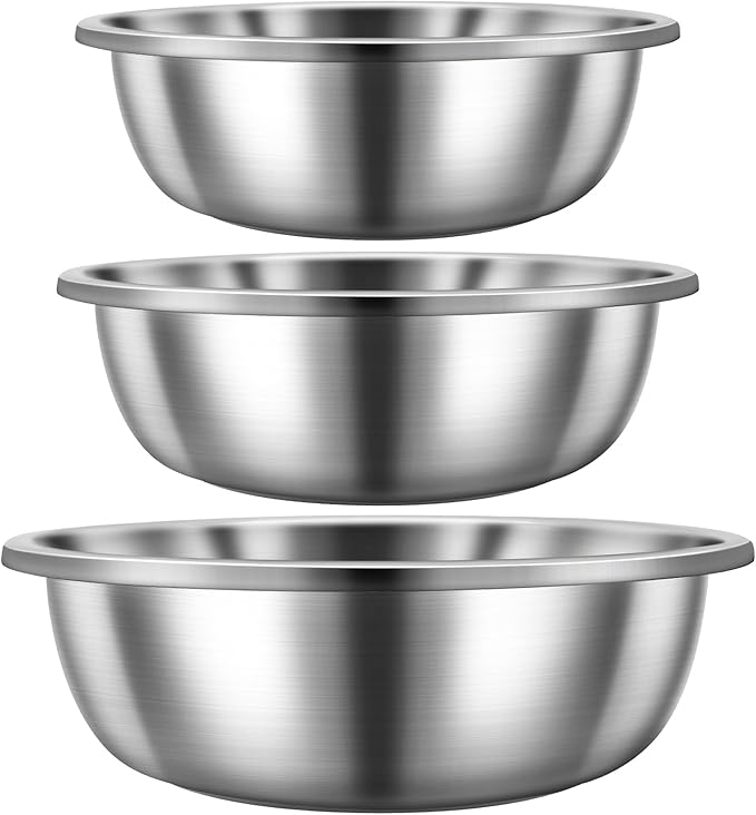 Set of 3 Extra Large Stainless Steel Mixing Bowls Large Mixing Container Easy to Clean, Nesting Bowls for Space Saving Storage for Cooking, Baking(201 Stainless Steel,13, 16, 20 Quart) by Domensi