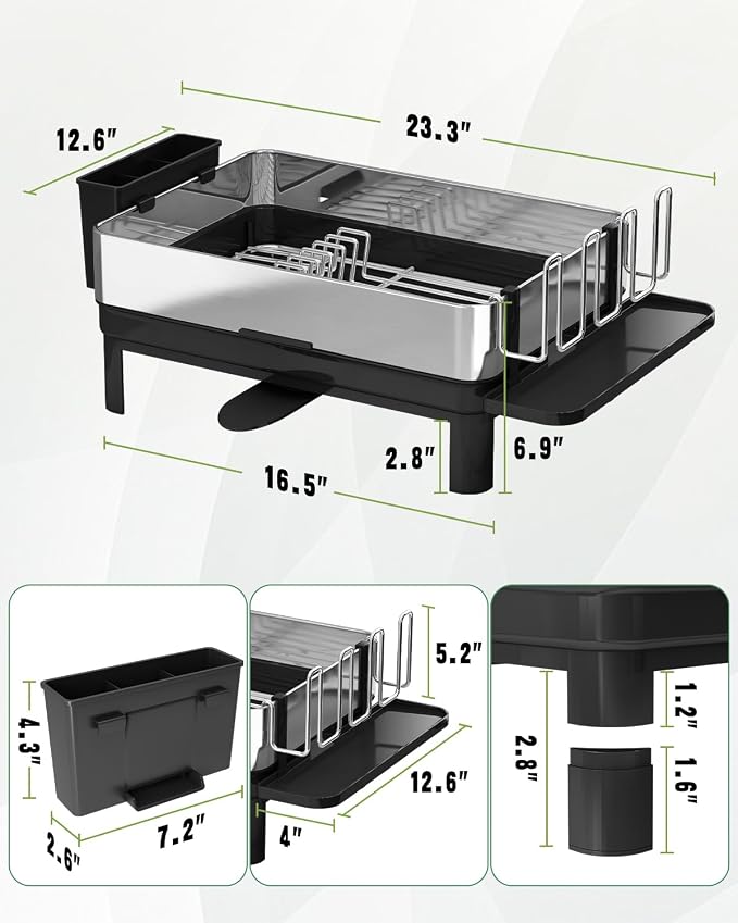 1 Tier Large Stainless Steel Dish Drying Rack with Drain Board | Space Saving, Rust Proof Metal, Automatic Drainage Drainer for Kitchen Counter, Modern Black and Silver for Pots and Pans - Image 3