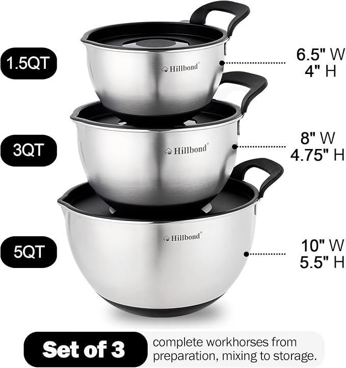 Hillbond Stainless Steel Mixing Bowls with Lids Set, Set of 3, Black | mixing bowls with Pour Spout, Silicone Handle, Non-Slip Bottoms, Dishwasher Safe, Metal Mixing Bowls for baking - Image 4