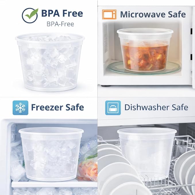 64 oz [6-Pack] BPA Free Microwavable Plastic Deli Containers with Lids | Leak-resistant, stackable and freezer-safe design keeps soups, leftovers and large portions fresh - Image 3
