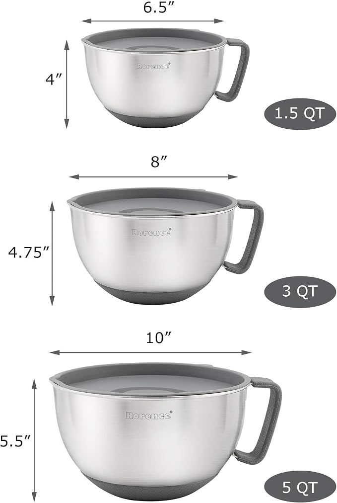 Stainless Steel Mixing Bowls Set with Lids,1.5,3 & 5 Qt,Gray | Non-Slip Silicone Base,Precision Pour Spout,Ergonomic Easy-Grip Handle,Measurement Marks,Airtight Lids,Cooking & Meal Prep - Image 2