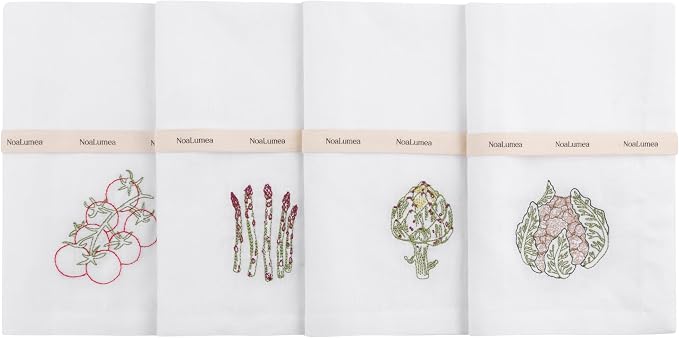 White Linen Napkins Set of 4-100% Pure Linen Embroidered Dinner Napkins 19 x 19 Inch for Spring, Summer Memorial Day - Botanical Embroidery (Garden Harvest Collection) by Noalumea