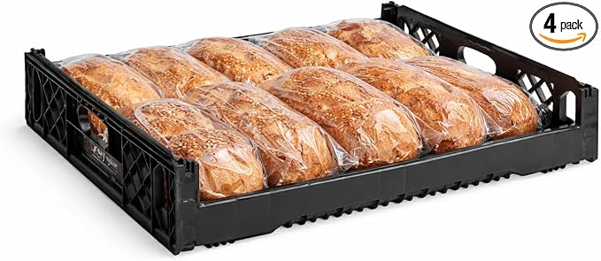 [4-Pack] Black Plastic Bread Tray, 29 x 26 x 6 Inches, 12-Loaf Capacity, Stackable with Reinforced Corners, Dual Handles for Commercial Bakery by GLOWNARY