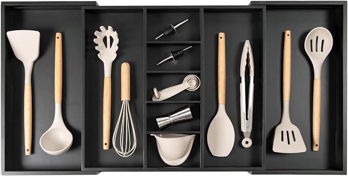 Utensil & Junk Drawer Organizer, 19-33 in, Black Bamboo | Food-safe contract grade, 100% sustainable wood, non-slip, adjustable by KitchenEdge