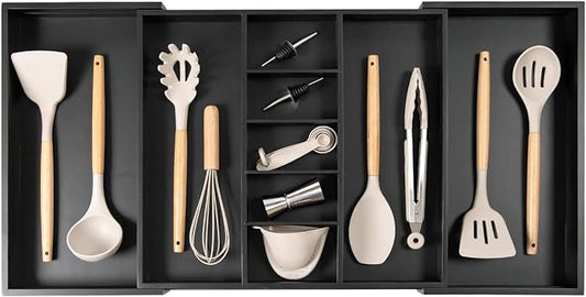 Utensil & Junk Drawer Organizer, 19-33 in, Black Bamboo | Food-safe contract grade, 100% sustainable wood, non-slip, adjustable by KitchenEdge