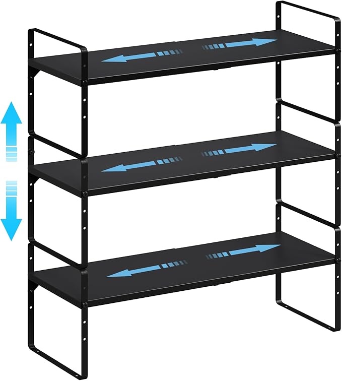 15.5 to 25.5 Inch Kitchen Cabinet Shelf Organizers, Adjustable Kitchen Counter Shelf Organizer, Set of 3 Expandable Countertop Storage Shelves, Stackable Design, 30LBS Heavy Duty, Space Saver by X-cosrack