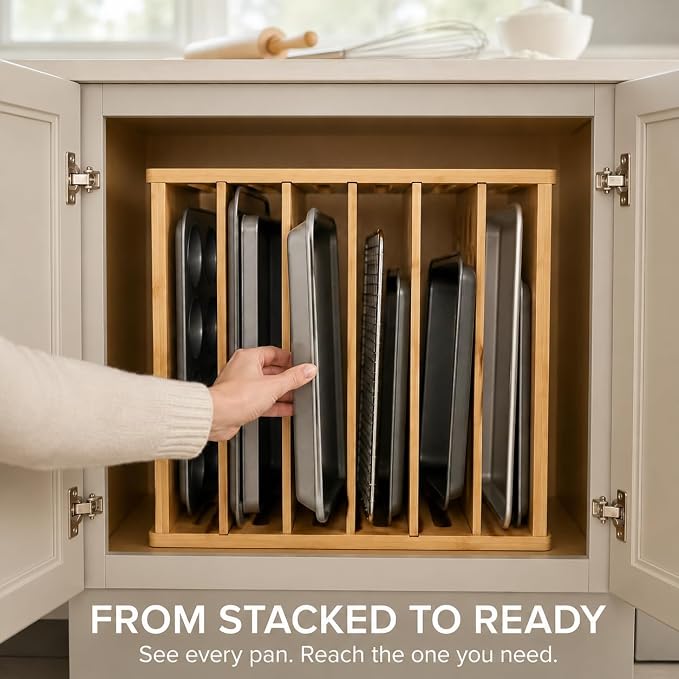 7 Tier Wooden Tray Dividers for Cabinets, Cookie Sheet Organizer | Sheet Pan Organizer for Cabinet, Baking Sheets, Cutting Boards and Pans, Space-Saving Kitchen Organization - Image 5