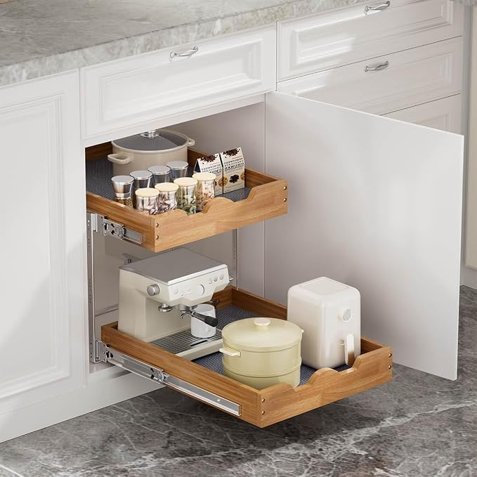 OCG 2 Tier Pull Out Cabinet Organizer (20"W x 21"D), Heavy-Duty Slide out Wood Drawer Shelf, Pull Out Drawer for Cabinets, Base Cabinet Organization for Kitchen, Pantry, Bathroom - Image 3