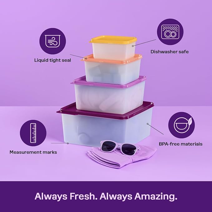 Tupperware Keeptabs 4-Container Stacking Food Storage Set, Multi Color Lids, Nestable, Dishwasher Safe and BPA Free (4 Containers, 4 Lids) - Image 4