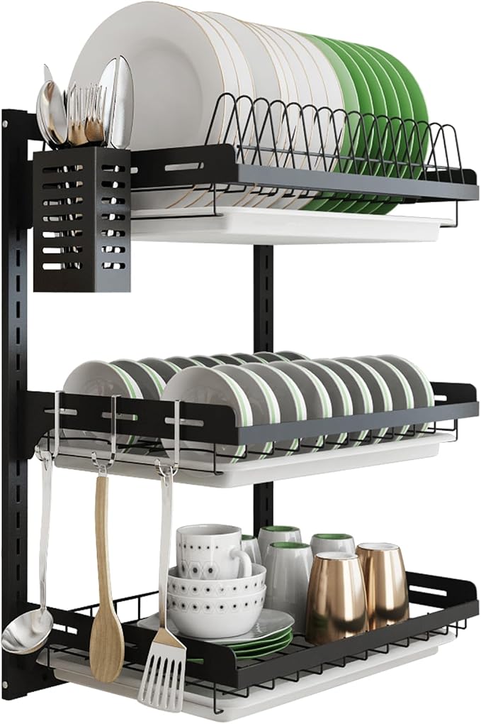 junyuan Hanging Dish Drying Rack Wall Mount,Dish Racks Drainer,3 Tier Kitchen Plate Organizer Storage Shelf with Drain Tray with 3 Hooks,Stainless Steel Black Large Ajustable Height by junyuan