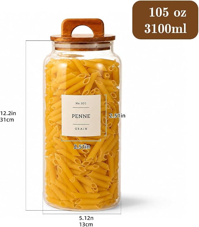 2 Pack Large Glass Flour and Sugar Containers with 132 Pantry Labels - 105 FL OZ Glass Canisters with Bamboo Airtight Lids - Farmhouse Kitchen Glass Pantry Jars for Cookie, Rice, Pasta, Cereal, Salt - Image 3