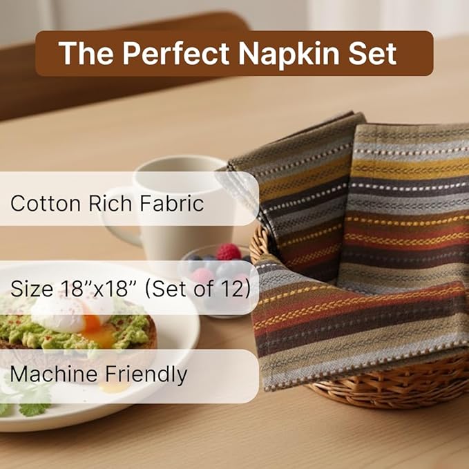 LFH Home Cotton Rich Cloth Salsa Napkin Set of 24 Washable Soft Durable Striped Table Napkins for Dining Wedding, Daily Use Reusable Eco-Friendly Napkins for Elegant Table Settings(18x18)- Brown - Image 2