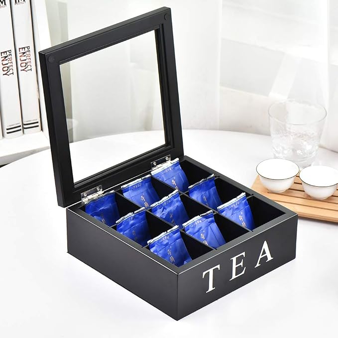 Wood Tea Storage Box, Teabag Storing 9 Compartments Wooden Tea Box Hinged Glass Lid Tea Organizer-Black by Fonture