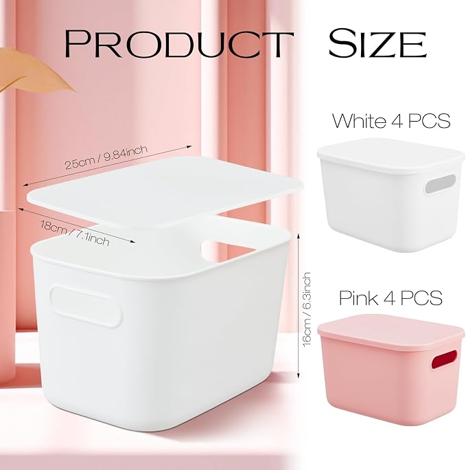 8 Pieces Colorful Storage Bins with Lid, Plastic Storage Basket Organizing Container Stackable Box with Handle for Shelves Desktop Playroom Office(9.8 x 7.1 x 6.3 Inch,White and Pink) - Image 2