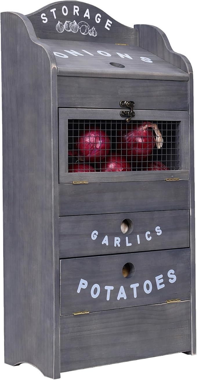 ARTAWEIN Potato Storage Bin Wall-mountable Potato Box with Lid Rustic and Garlic Drawer Onion Organizer with Grocery Section Decorative Vegetable Organization Cabinet for Kitchen by ARTAWEIN