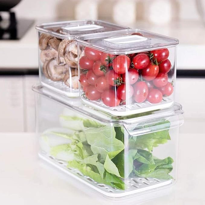 Slideep Fridge Produce Saver Food Storage Bin Containers, Stackable Refrigerator Freezer Organizer Bins with Removable Drain Tray, Fridge Fresh Keeper for Veggie, Berry, Fruits, Vegetables 6 Pack - Image 3