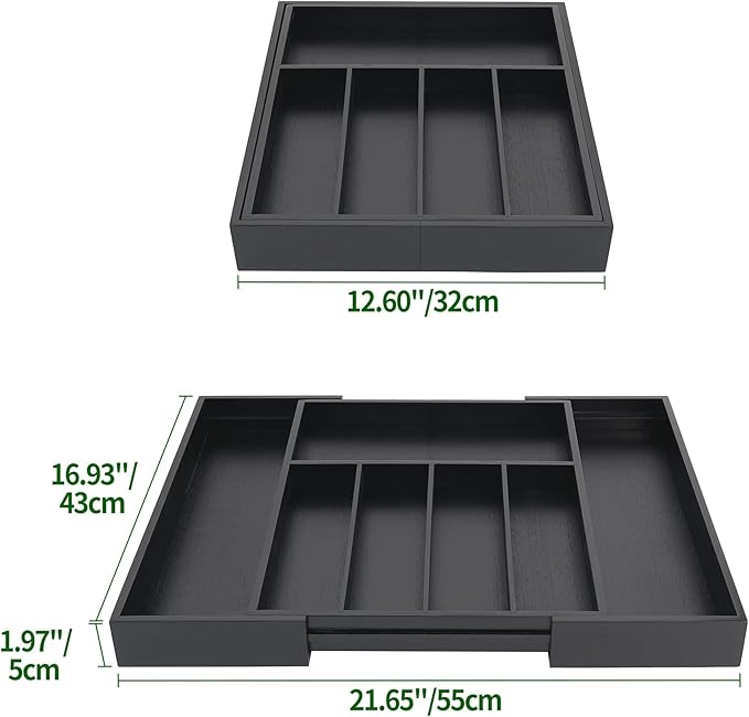VaeFae Bamboo Drawer Organizer, Large, Black | Cutlery Drawer Holder, Drawer Divider for Silverware, Flatware，43 cm D x 32-55 cm W, 5-7 Slots, Black - Image 3