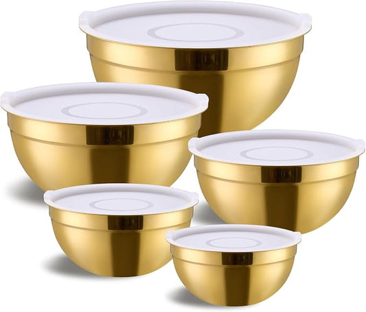 Gold Mixing Bowls with Airtight Lids, Stainless Steel Nesting Mixing Bowls Set of 5, Ideal for Baking, Prepping and Serving Food, Size 5.5, 3.6, 2.7, 2.1, 1.5, QT, Stackable Design by Moxinox