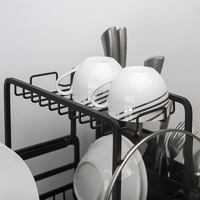 GMT-10353-A Black Aluminum Dish Drying Rack with Utensil Holder - 2 Tier Kitchen Countertop Rust Proof Dish Rack and Drainboard Set - Large Dish Organizer Rack - Image 8
