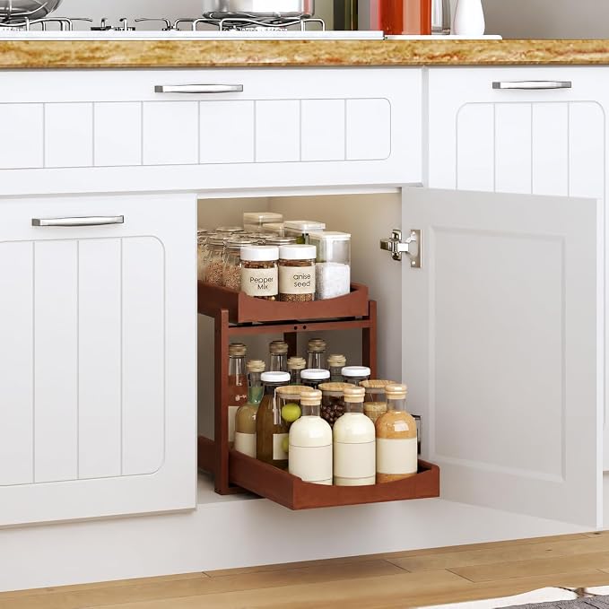 MHXW SXPN Bamboo Under Sink Organizer, 2 Pack Pull Out Cabinet Organizer | 2 Tier Vertical Smooth Slide Out Undersink Storage Shelf | Multi-Purpose Organizer Shelves for Kitchen Bathroom Medicine - Image 2