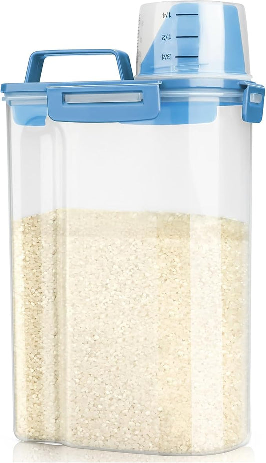 Viretec Rice Airtight Storage Container, 3 to 5Lbs Cereal Dry Food Flour Bin, Pet Dog Cat Food Dispenser with Measuring Cup, BPA Free Clear Plastic Kitchen and Pantry Organization Bin for Sugar, Pasta by Viretec
