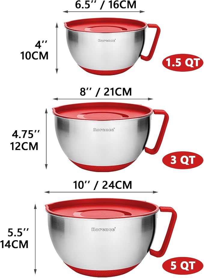 Stainless Steel Mixing Bowls Set with Lids,1.5,3 & 5 Qt,Red | Non-Slip Silicone Base,Precision Pour Spout,Ergonomic Easy-Grip Handle,Measurement Marks,Airtight Lids,Cooking & Meal Prep - Image 3