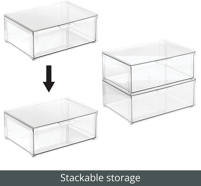 mDesign Plastic Stackable Bathroom Storage Organizer Bin Containers with Front Pull Drawer for Bathroom Countertop, Vanity, Closet Shelves - Holder for Accessories - Lumiere Collection, 2 Pack, Clear - Image 5