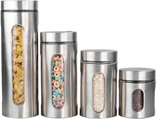 Kitchen Canisters By Home Basics | Retro-Styled For Kitchen Counter | Stainless Steel and Glass | With See-Through Windows (Silver), 4 Pieces, For Flour, Coffee, Sugar, and Dry Ingredients by HomeBasics