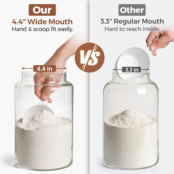 ComSaf Flour Storage Containers with Acacia Wood Lids 1Gallon 2Pack | 4.2Qt Large Glass Jar, for Cooks, Flour Cereal Rice Oats, Kitchen Pantry, 4.4in Wide Mouth, Canister with Scoops & Labels - Image 6